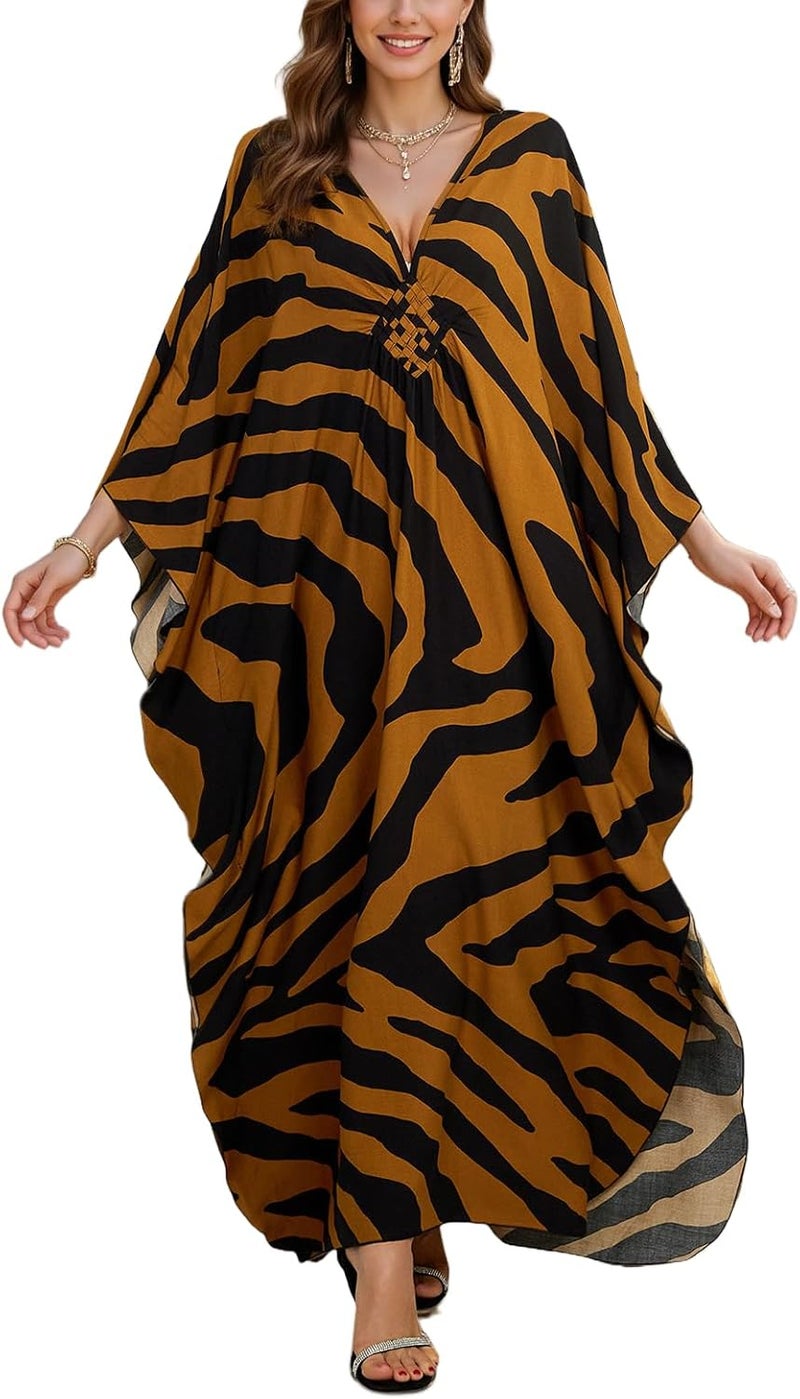 IMAGEKOPE Women's Plus Size Animal Print V-Neck Batwing Kaftan Beach Dress Bathing Suit Cover-Up Loungewear - Image 1